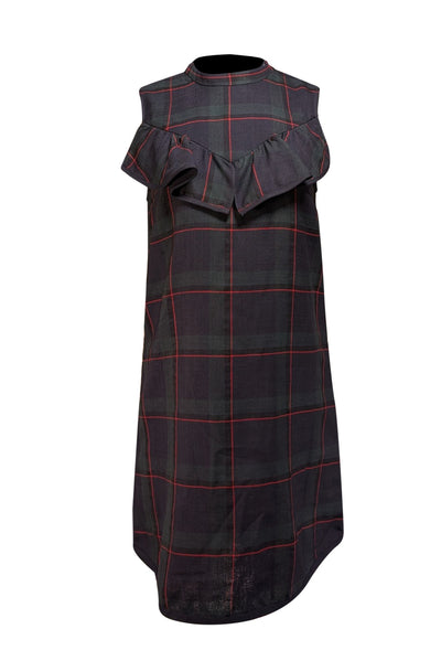 Suno - Navy, Green, & Red Plaid Sleeveless Ruffle Trim Dress Sz 8 - Current Boutique