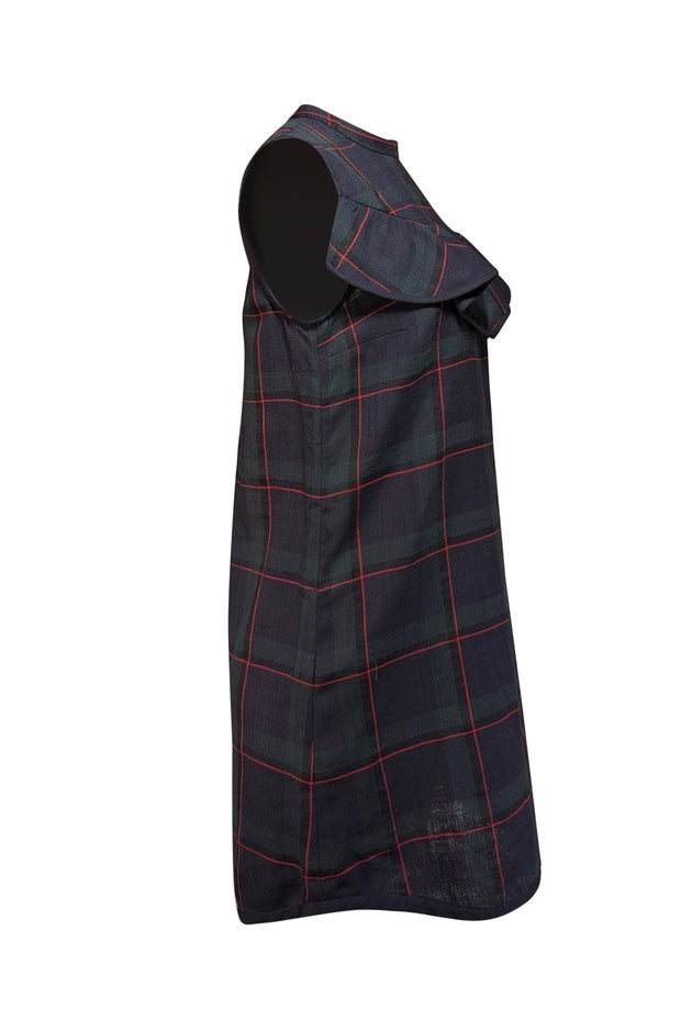 Suno - Navy, Green, & Red Plaid Sleeveless Ruffle Trim Dress Sz 8 - Current Boutique