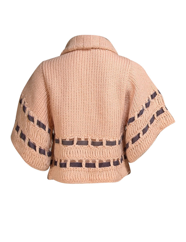 Galliano - Peach w/ Grey Ribbon Wool Chunky Knit Cardigan Sz XS - Current Boutique