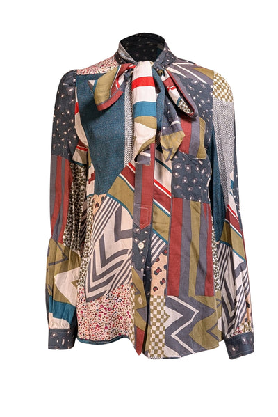 See by Chloe - Green, White, Red, & Grey Abstract Multi Print Button Front Blouse Sz M - Current Boutique