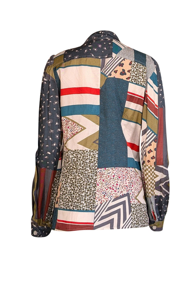 See by Chloe - Green, White, Red, & Grey Abstract Multi Print Button Front Blouse Sz M - Current Boutique