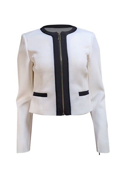 Ted Baker - Ivory Textured Zipper Jacket w/ Black Trim Sz 4 - Current Boutique