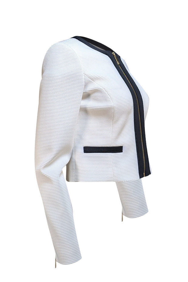 Ted Baker - Ivory Textured Zipper Jacket w/ Black Trim Sz 4 - Current Boutique
