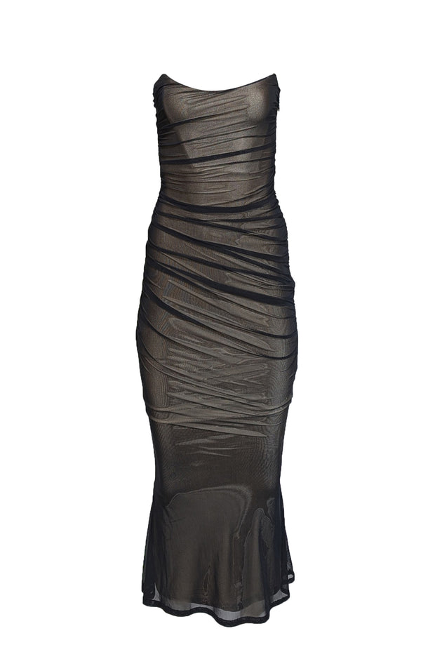 Retrofete - Black Mesh Ruched Strapless Formal Gown Sz XXS - Current Boutique