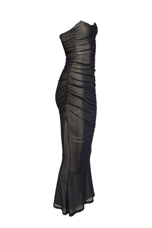 Retrofete - Black Mesh Ruched Strapless Formal Gown Sz XXS - Current Boutique