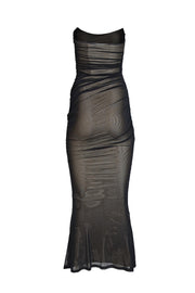 Retrofete - Black Mesh Ruched Strapless Formal Gown Sz XXS - Current Boutique