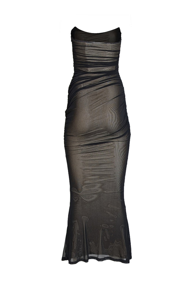 Retrofete - Black Mesh Ruched Strapless Formal Gown Sz XXS - Current Boutique