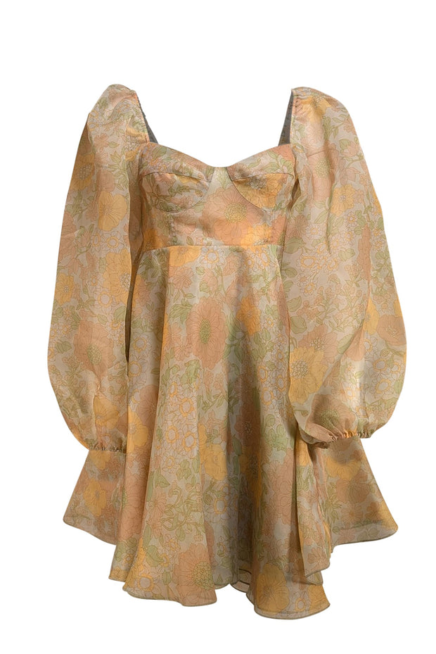 Selkie - Green & Yellow Floral Semi-Sheer Citrus Trip Puff Mini Dress Sz S - Current Boutique