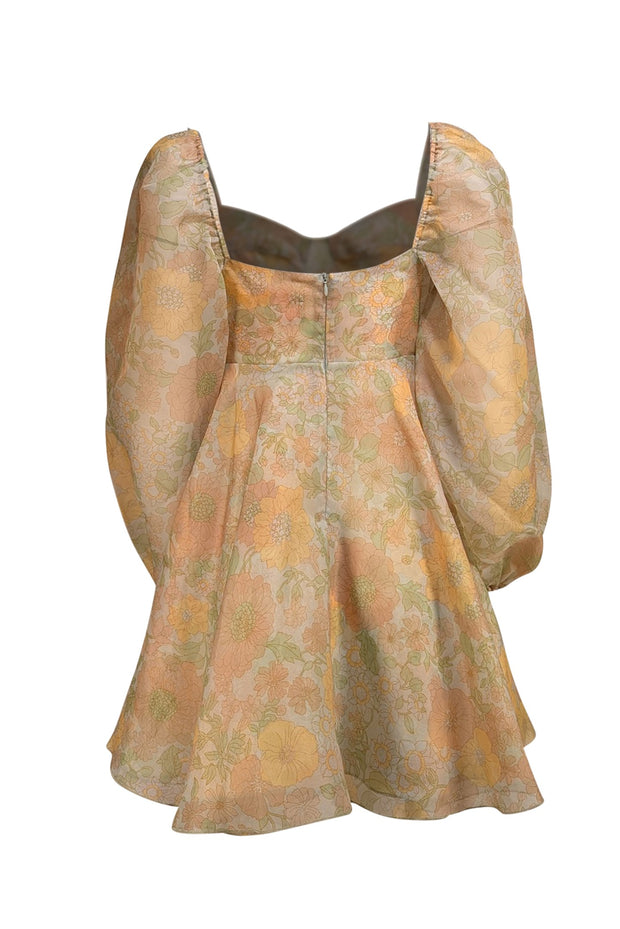 Selkie - Green & Yellow Floral Semi-Sheer Citrus Trip Puff Mini Dress Sz S - Current Boutique