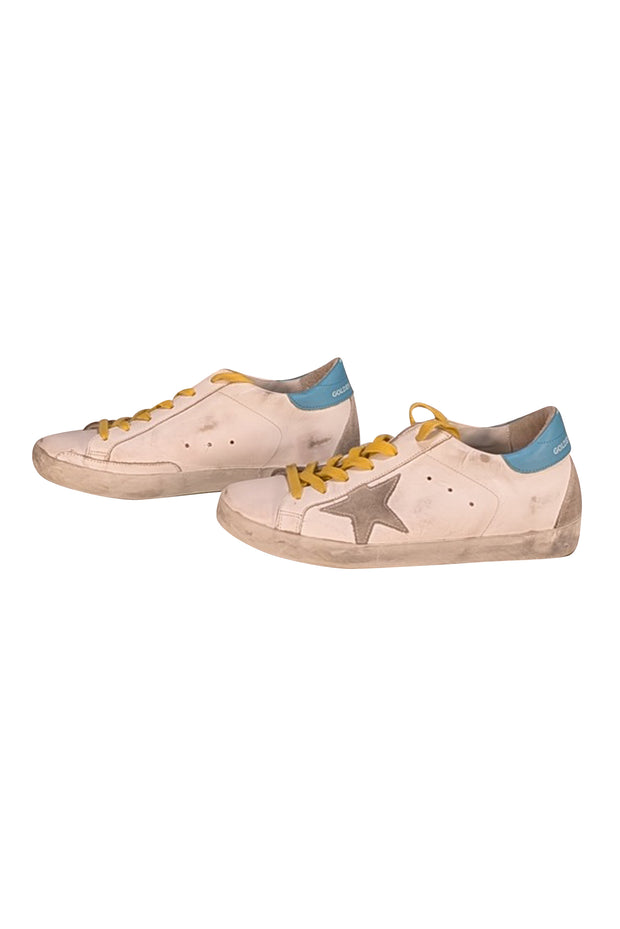Golden Goose - Ivory Leather "Super Star" Sneakers w/ Teel Heel Sz 8 - Current Boutique