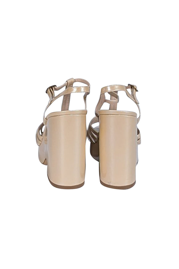Chanel - Beige Patent Leather Strappy Platform Wedges Sz 9 - Current Boutique