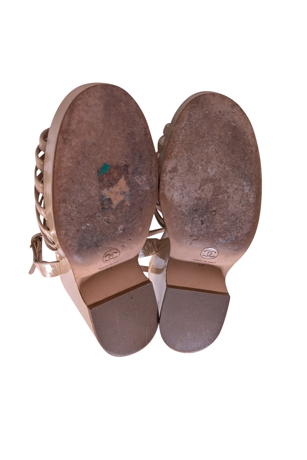 Chanel - Beige Patent Leather Strappy Platform Wedges Sz 9 - Current Boutique