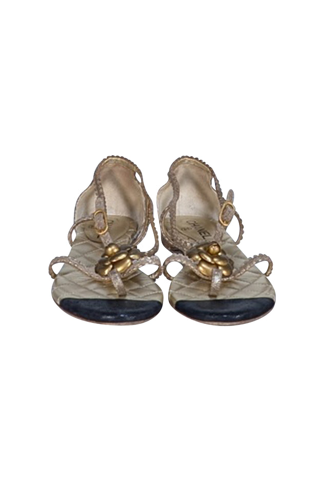 Chanel - Gold Quilted Strappy Thong Sandal Sz 9 - Current Boutique