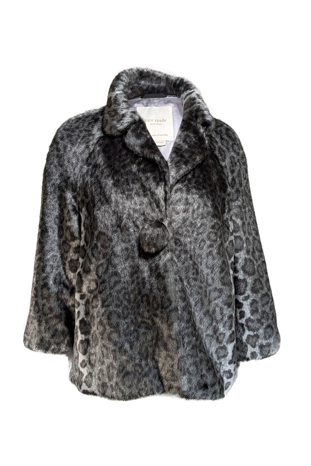 Kate Spade - Grey Leopard Print Faux Fur Coat Sz L - Current Boutique