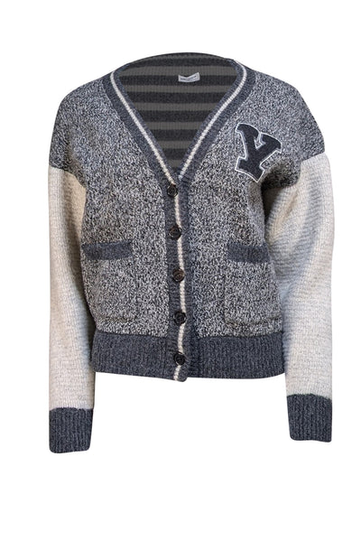 Yves Saint Laurent - Grey and White Wool Letterman Style Cardigan Sz S - Current Boutique