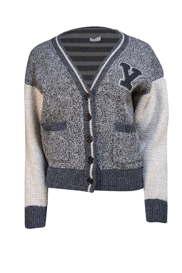 Yves Saint Laurent - Grey and White Wool Letterman Style Cardigan Sz S - Current Boutique