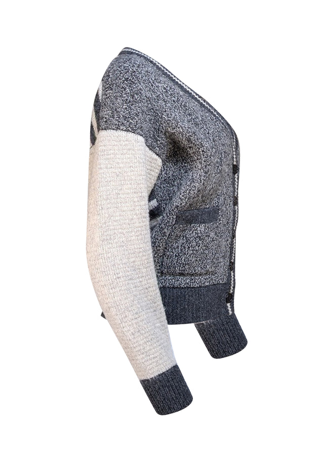Yves Saint Laurent - Grey and White Wool Letterman Style Cardigan Sz S - Current Boutique