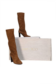 Jimmy Choo - Brown Suede Block Heel Tall Boots Sz 7 - Current Boutique