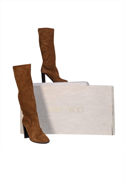 Jimmy Choo - Brown Suede Block Heel Tall Boots Sz 7 - Current Boutique