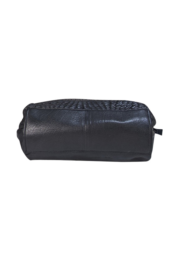 Day & Mood - Black Genuine Leather Woven Top Zipper Tote Bag - Current Boutique