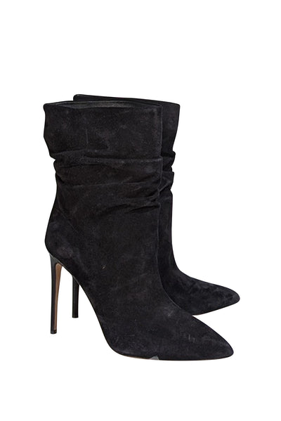 Paris Texas - Black Suede Ruched Short Boot Heels Sz 10 - Current Boutique
