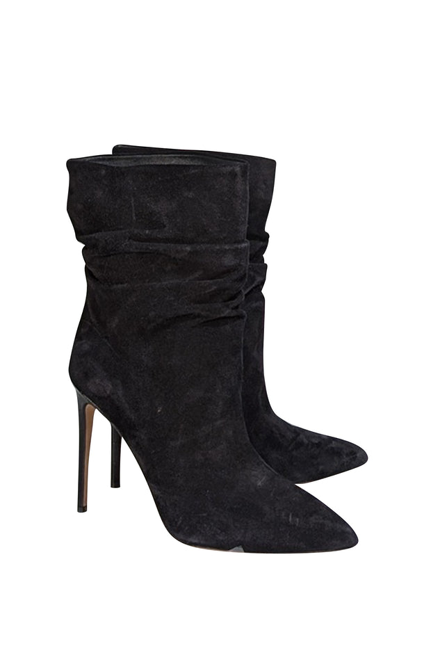Paris Texas - Black Suede Ruched Short Boot Heels Sz 10 - Current Boutique