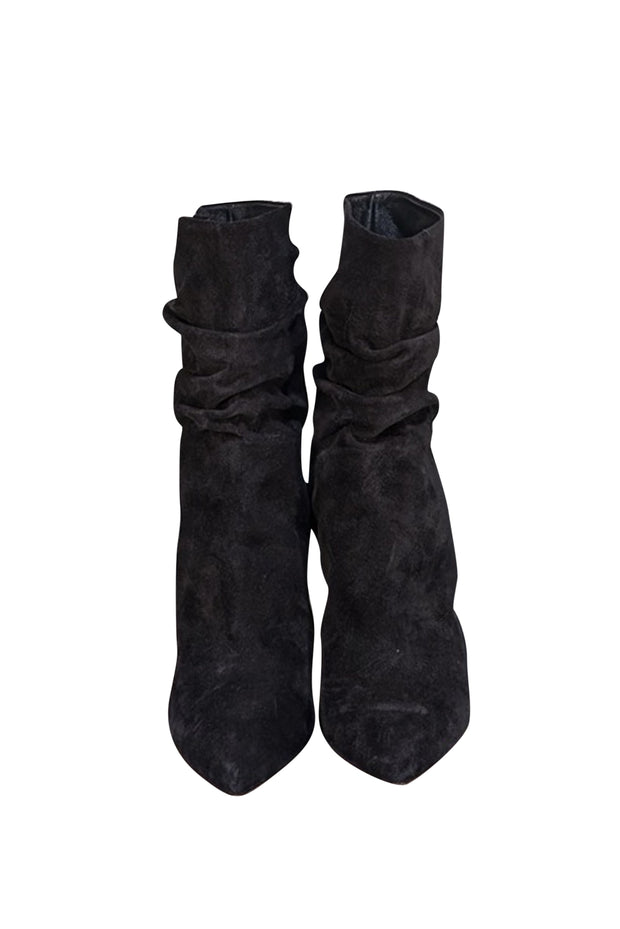 Paris Texas - Black Suede Ruched Short Boot Heels Sz 10 - Current Boutique