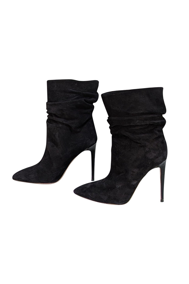 Paris Texas - Black Suede Ruched Short Boot Heels Sz 10 - Current Boutique