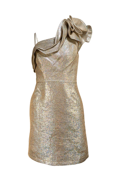 Ieena - Gold Metallic Brocade Ruffled One Shoulder Dress Sz 2