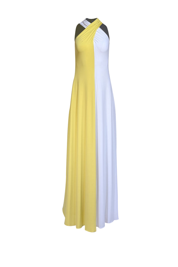 Halston - Chartreuse & Ivory Tie Back Maxi Dress Sz 0 - Current Boutique
