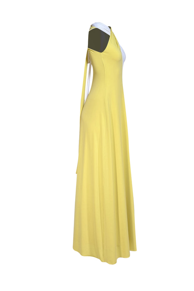 Halston - Chartreuse & Ivory Tie Back Maxi Dress Sz 0 - Current Boutique