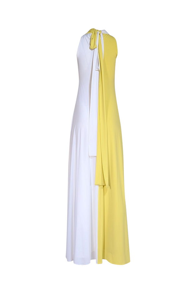 Halston - Chartreuse & Ivory Tie Back Maxi Dress Sz 0 - Current Boutique