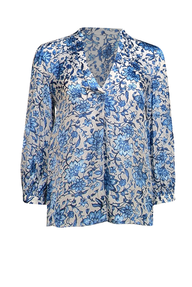 Alice & Olivia - Blue & White Floral "Shelia" Blouse Sz S - Current Boutique