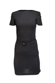 Valentino - Black Wool Belted Short Sleeve Dress Sz 4 - Current Boutique