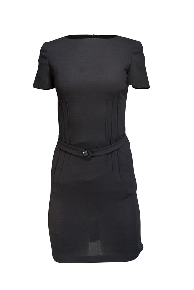 Valentino - Black Wool Belted Short Sleeve Dress Sz 4 - Current Boutique
