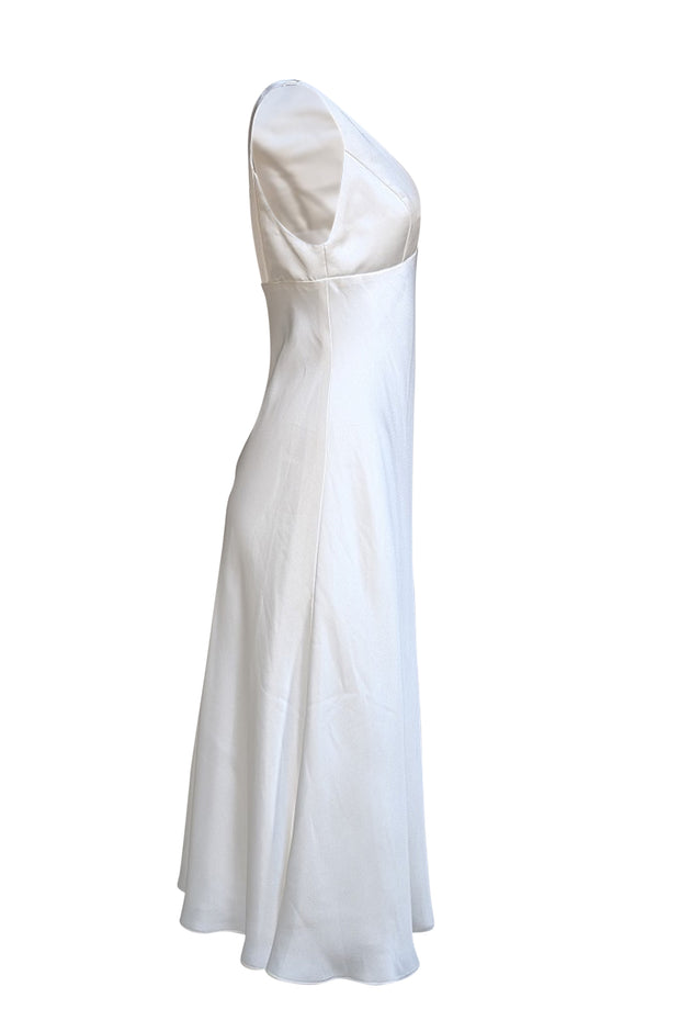 Amsale - White V-Neck Sleeveless Satin Midi Dress Sz 8 - Current Boutique