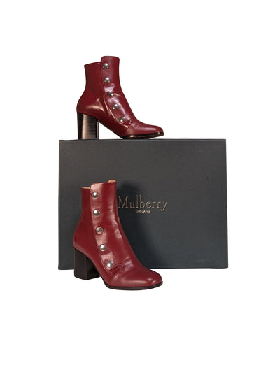 Mulberry - Crimson Red Leather Short Boots w/ Silver Button Trim Sz 7 - Current Boutique