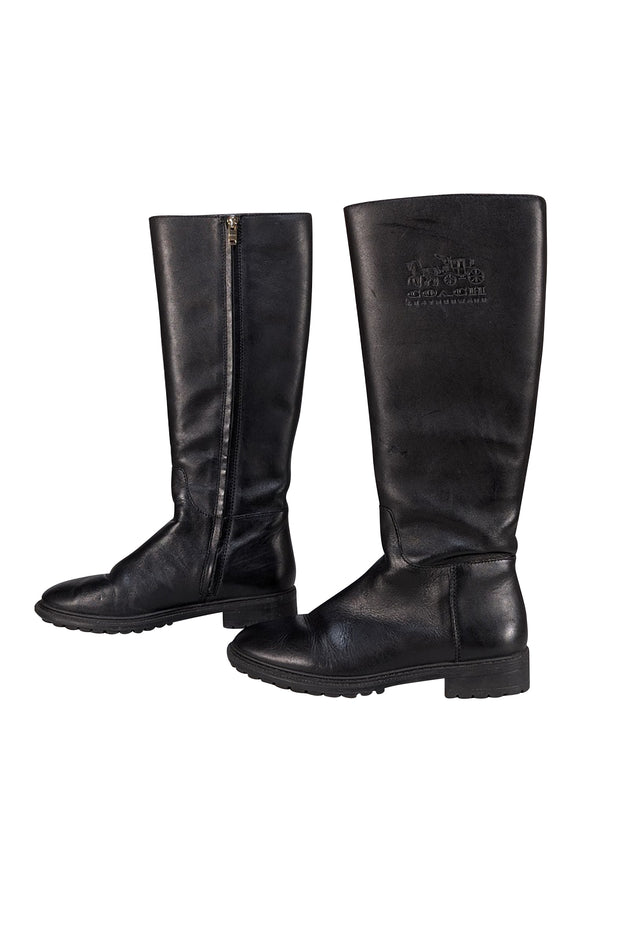 Coach - Black Leather Upper Logo Detail Tall Boots Sz 7 - Current Boutique