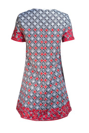 Louis Vuitton - White, Navy, & Red Motif Print Short Sleeve Dress Sz M