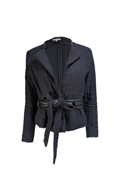 IRO - Black Textured Cotton-Linen Jacket w/ Leather Trim & Belt Sz 8 - Current Boutique