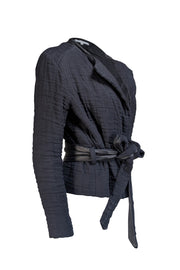 IRO - Black Textured Cotton-Linen Jacket w/ Leather Trim & Belt Sz 8 - Current Boutique