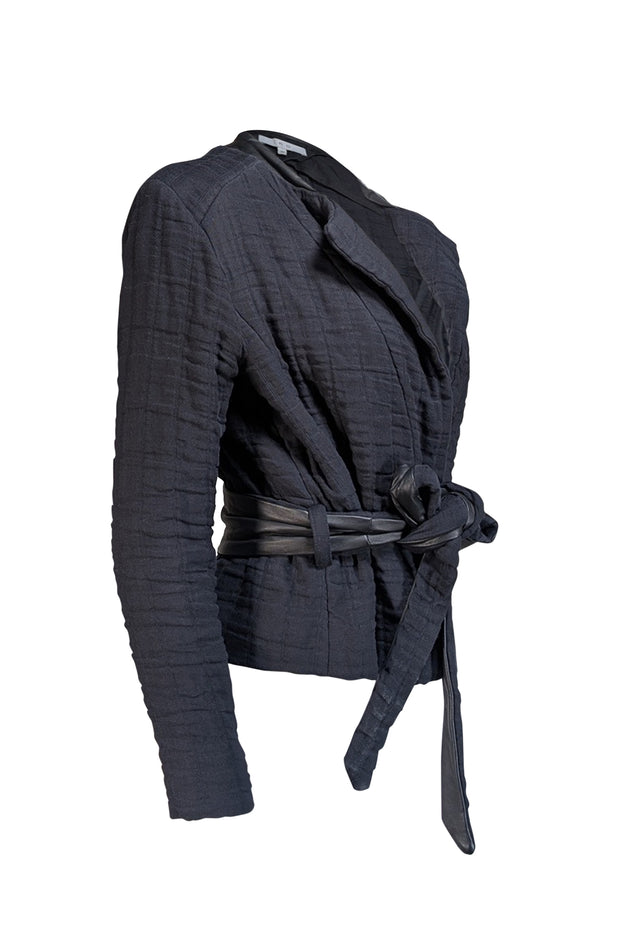 IRO - Black Textured Cotton-Linen Jacket w/ Leather Trim & Belt Sz 8 - Current Boutique
