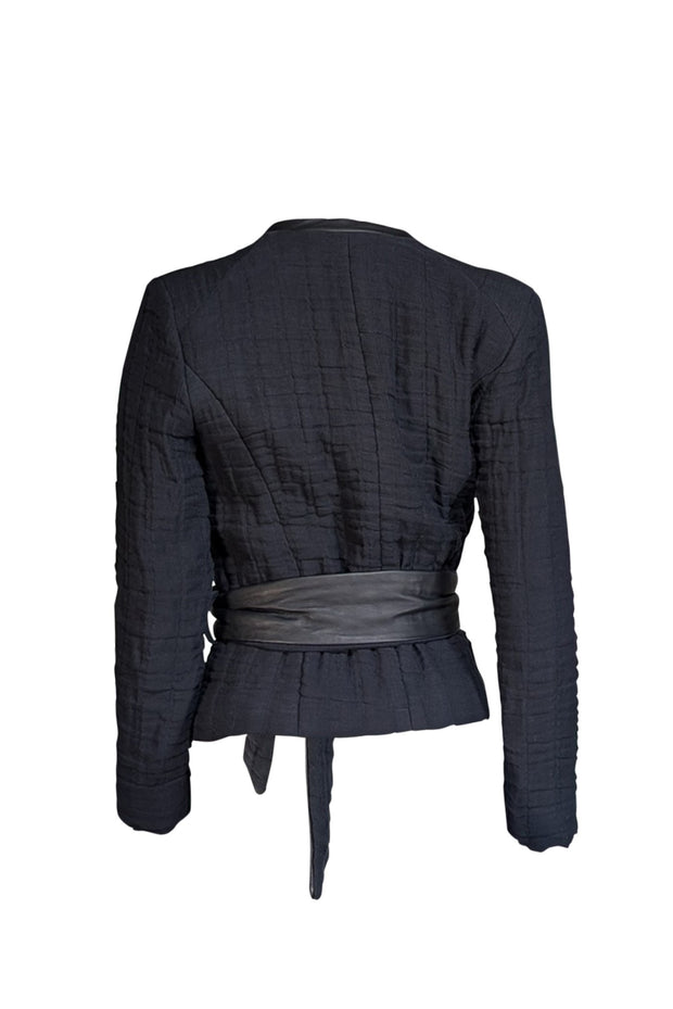 IRO - Black Textured Cotton-Linen Jacket w/ Leather Trim & Belt Sz 8 - Current Boutique