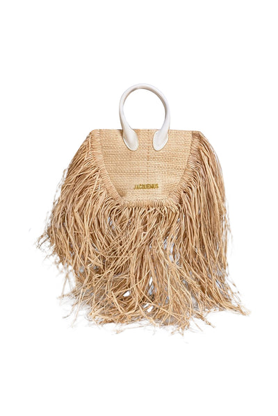 Jacquemus - Beige & White Raffia Woven Calfskin Le Petit Baci Handbag - Current Boutique