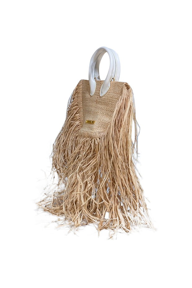 Jacquemus - Beige & White Raffia Woven Calfskin Le Petit Baci Handbag - Current Boutique