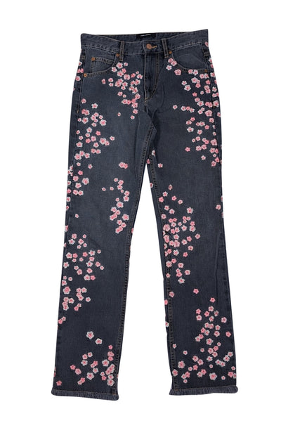 Isabel Marant - Black Wash Denim w/ Pink Floral Embroidered Print Jeans Sz 4