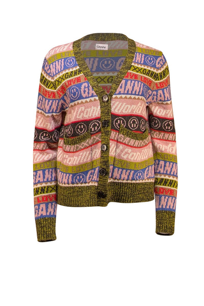 Ganni - Graphic Olive Multicolor Logo Cardigan Sz M - Current Boutique
