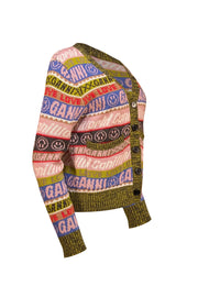 Ganni - Graphic Olive Multicolor Logo Cardigan Sz M - Current Boutique