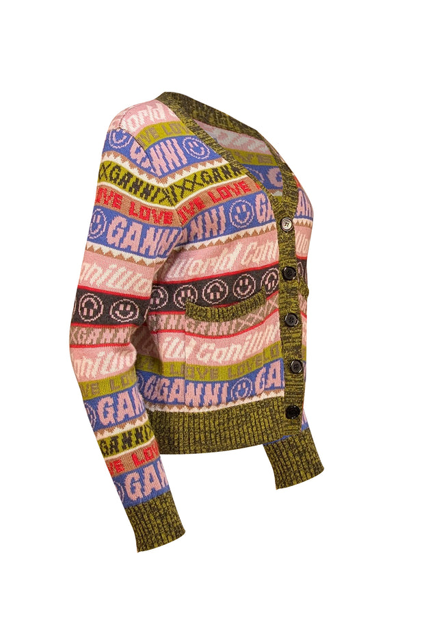 Ganni - Graphic Olive Multicolor Logo Cardigan Sz M - Current Boutique