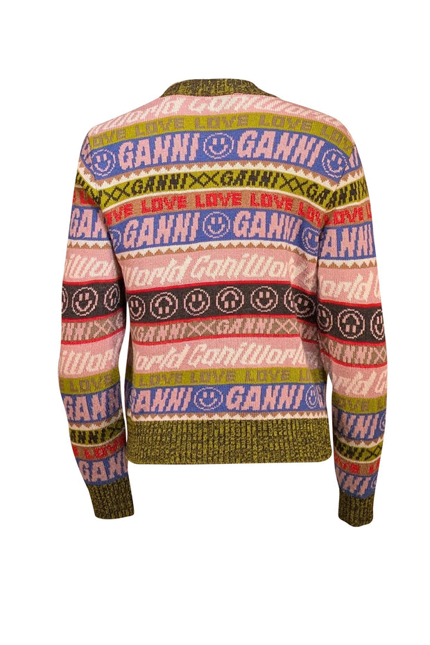 Ganni - Graphic Olive Multicolor Logo Cardigan Sz M - Current Boutique